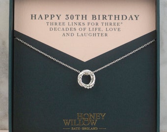 30th Birthday Jewellery, The Original 3 Links for 3 Decades Silver Love Knot’ Necklace
