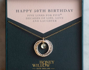 50th Birthday Birthstone Necklace - The Original 5 Links for 5 Decades Necklace - Mixed Metal