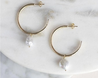 Gold Hoops with Pearls - Medium Size: 30mm