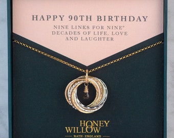 90th Birthday Birthstone Necklace - The Original 9 Links for 9 Decades Necklace - Mixed Metal