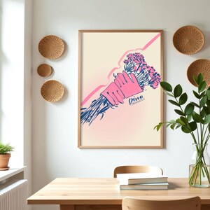 Illustratie één regel bloemknuffel – blauwe minimalistische handen met boeket | Vrouwelijke afdrukbare poster | Lijntekeningen met bloemen | Wenskaart: