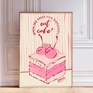Illustratie van één regel taart – rode minimalistische digitale kunst met kersen en chocolade – moderne muurkunst wenskaart afdrukbare verjaardagsposter