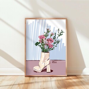 Ilustración de moda: Jarrón con flores, tarjeta imprimible para el Día de la Madre, elegante arte floral rosa, descarga de arte mural digital
