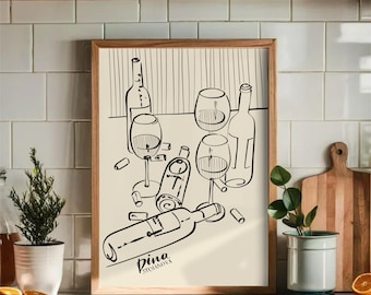 Wine Bottles Wall Art Print - Minimalist Line Drawing Poster, Kitchen Bar Decor (Digital Download)