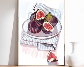 Stampa artistica digitale con motivo di fichi per la cucina, natura morta botanica, decorazione per la sala da pranzo.
