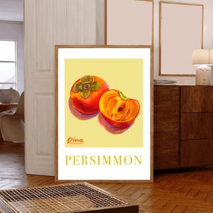Persimmon Fruit Poster | Digital Wall Art | Autumn Printable Still Life | Bright Orange Kitchen Decor | Instant Download