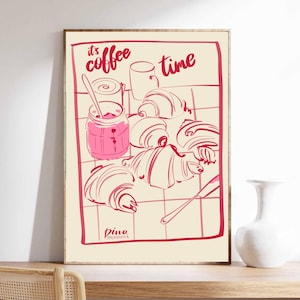 One Line Coffee Print, Croissant Line Drawing, It&#39;s Coffee Time Poster, Minimalist Breakfast Kitchen Wall Art Pink and Red Line Illustration