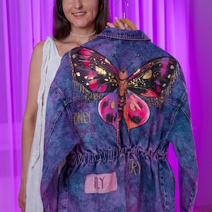 Tie-Dye Denim Rave Jacket: Hand-Painted Butterfly, Beaded Patches - Size M