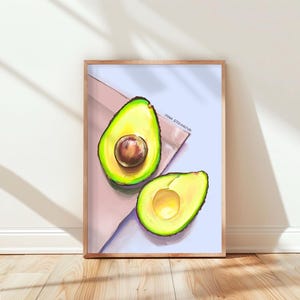 Avocado Kunstdruck, moderne Obst Illustration, bunte Küche Wanddekoration, minimalistisches Essen Poster, druckbare Grußkarte