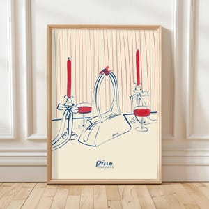Chic One Line Geldbörse und Kerzen Illustration - Red & Blue Line Art | Minimalistisches Fashion Poster | Elegante Geburtstagskarte, Hochzeit, Sweet 16 Karte