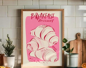 Croissant Küche Wand Kunst Druck, rosa Frühstück Illustration Poster, Cafe Dekor (Digitaler Download)