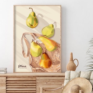 Sunny Pear Stillleben – helles Obst und Netzbeutel | Minimalistische Obst Illustration Grün & Gelb Digital Download Wandkunst