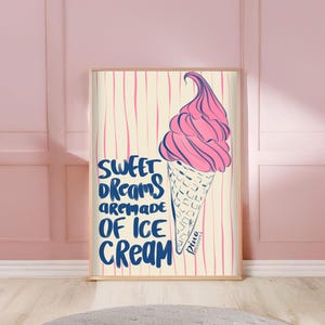 Sweet Dreams Ice Cream-poster – éénregelige illustratie blauw en roze | Digitale muurkunst, schattige afdrukbare poster, verjaardagskaart, keukendecor