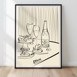 Champagne Celebration Line Art Print, elegante feestposter, één regel feestelijk tafeldecor, zwartbeige stillevenprint digitale download