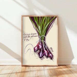 Purple Onion Wall Art Print, Modern Vegetable Poster with Quote, Green Onion Illustration, Kitchen Decor, Motivational Printable