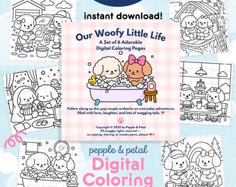 Desenhos de cachorrinhos fofos para colorir – Nossa pequena vida de Woofy | Livro de colorir digital para impressão em PDF, download instantâneo por Pepple & Petals