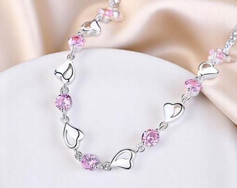 Sterling Silver Heart Bracelet: Pink Zircon Crystal, Elegant Jewelry