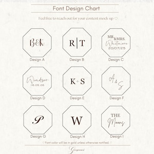 Puede incluir: Una tabla de dise&ntilde;o de fuentes con nueve dise&ntilde;os octogonales que muestran iniciales, nombres o fechas. El texto "Font Design Chart" est&aacute; en la parte superior, con el texto "Feel free to reach out for your content mock-up" debajo. El color de la fuente ser&aacute; dorado.