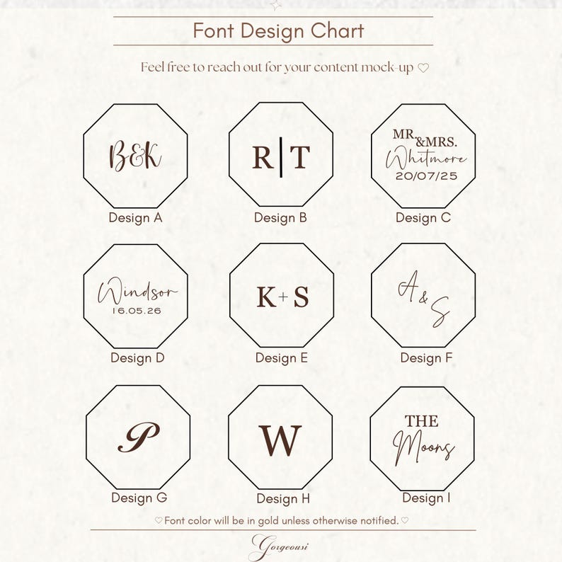 Puede incluir: Una tabla de dise&ntilde;o de fuentes con nueve dise&ntilde;os octogonales que muestran iniciales, nombres o fechas. El texto "Font Design Chart" est&aacute; en la parte superior, con el texto "Feel free to reach out for your content mock-up" debajo. El color de la fuente ser&aacute; dorado.