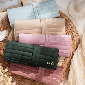 Personalice rollos de joyería de terciopelo italiano, estuche de viaje para joyas, regalos para damas de honor, regalos de boda, cumpleaños, regalos para ella, regalos para el Día de la Madre para mamá.