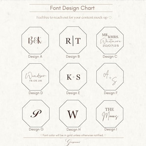 May include: A font design chart featuring nine different monogram and text options within octagonal frames. The chart includes examples with initials, names, and dates, with the text in a gold color. The text "Font Design Chart" is at the top.