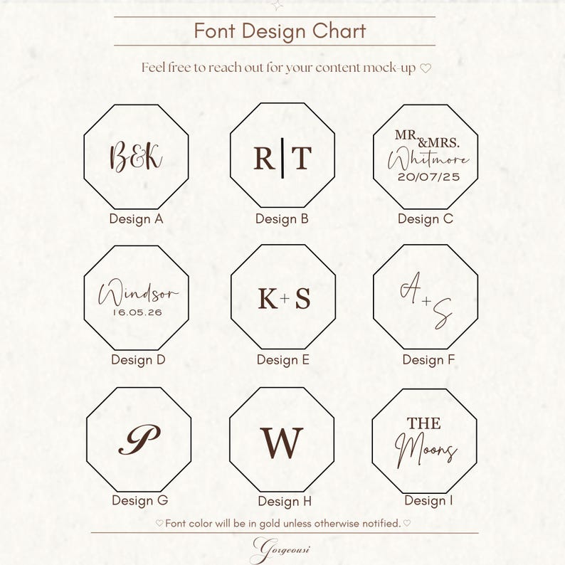 May include: A font design chart featuring nine different monogram and text options within octagonal frames. The chart includes examples with initials, names, and dates, with the text in a gold color. The text "Font Design Chart" is at the top.