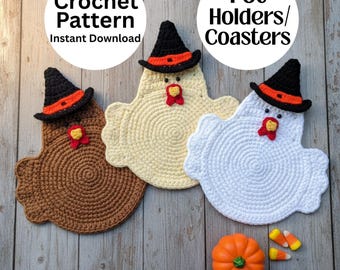 Patrón de salvamanteles de crochet para principiantes en PDF • Agarradera de crochet con forma de gallina bruja • Patrón de decoración de cocina de otoño • Descarga de crochet DIY • Posavasos de almohadilla térmica
