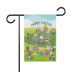 Happy Easter sack race of bunnies and chicks&#39; flag, funny Easter flag, Easter banner, garden & house banner, Happy Easter flag, Easter gift