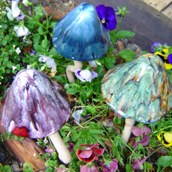 Garden Decor-Three-3- Handbuilt Pottery Mushrooms for the Garden