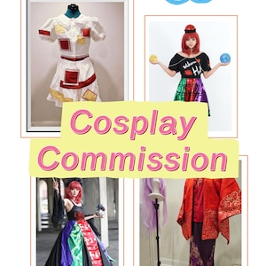 Może przedstawiać: Obraz przedstawiający różne kostiumy cosplay. Obraz zawiera biało-czerwoną sukienkę, czarny top z kolorową spódnicą oraz długą czarną suknię z kolorową szarfą. Tekst na obrazie brzmi "Cosplay Costume" i "Cosplay Commission."