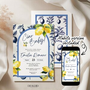 Amalfi Coast Baby Shower Invitation Template Editable, Italian themed Invite, Lemon Tiles, Digital Printable, Mediterranean Arch Design 5x7
