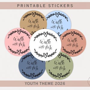 Pegatinas imprimibles "Camina conmigo", etiquetas para dulces o adornos para cupcakes con corona de corazón redonda / Tema para jóvenes SUD 2026