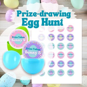May include: An Easter-themed image with the text "Prize-drawing Egg Hunt." It features colorful plastic Easter eggs, prize tokens, and a green egg container. The tokens are labeled "Prize Token Bunny" followed by numbers, suggesting a game.