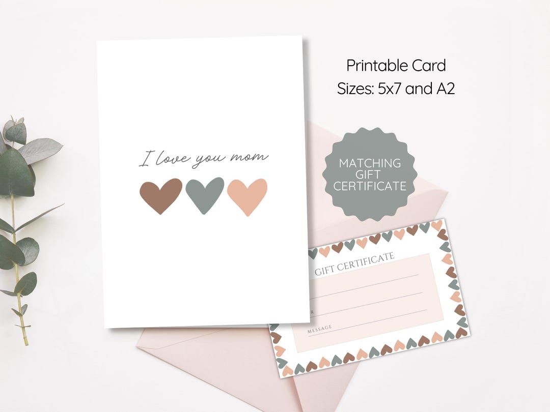 Mothers Day Card / Printable I Love You Mom Greeting Card With Matching ...