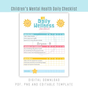 Lista de verificación de salud mental infantil / Actividades diarias de bienestar emocional / Seguimiento semanal imprimible de atención plena para niños