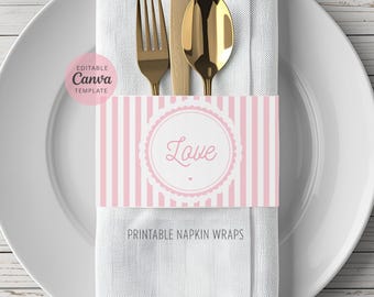 Printable Serviettenverpackungen mit Rosa Streifen und Jakobsmuscheln | Brautparty-Serviettenring | Abendessen-Tisch-Gedeck-Vorlage