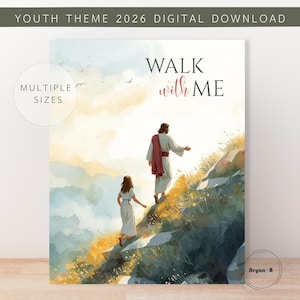 Jeugdthema 2026 Loop met mij mee, Jezus en jonge vrouw beklimmen een berg Afdrukbare afbeelding | Digitaal downloadontwerp
