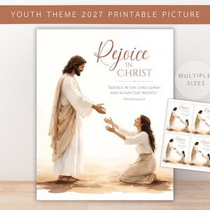 Puede incluir: Una imagen imprimible con una figura con túnicas blancas y beige de pie extendiendo la mano hacia una figura arrodillada con ropa blanca y beige. El texto dice "Rejoice in Christ" y "Rejoice in the Lord alway; and again I say, rejoice. Philippians 4:4".