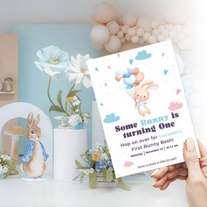 Bunny-Themed &quot;Some Bunny is Turning One&quot; Kids Birthday Invitation Canva Template - Editable & Cute