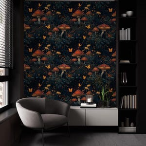 Dark Enchanted Forest Wallpaper | Mystical Toadstool - Butterfly Night Scene | Cottagecore & Fantasy Wall Decor - Removable Wallpaper