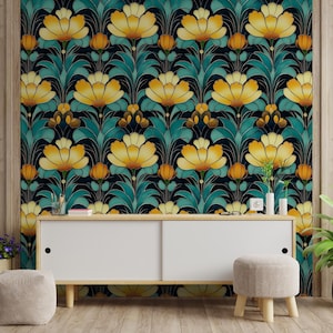 Carta da parati floreale Art Déco - Murale floreale con fiori gialli e verde acqua - Decorazione murale botanica glamour - Carta da parati rimovibile