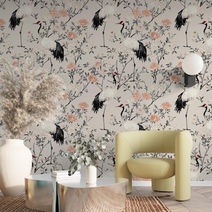 Carta da parati vintage con gru e peonie / Elegante murale orientale con natura / Decorazione senza tempo di ispirazione asiatica - Carta da parati rimovibile