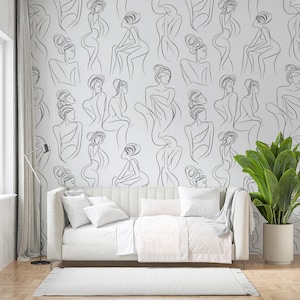 Minimalistische Linie Kunst Tapete | Elegante Frauenfiguren Design | Modernes Wohndekor | Abstrakte Kunst - Wieder ablösbare Tapete