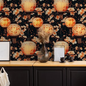 Japanese Lantern and Blossom Wallpaper – Elegant Asian-Inspired Wall Mural , Soft Floral Design - Removable Wallpaper