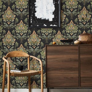 Papier peint floral vert élégant - Décoration murale botanique d'inspiration vintage avec fleurs vertes et pêcher - Papier peint amovible - Papier peint autocollant
