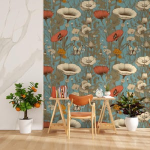 Carta da parati floreale vintage con farfalle e papaveri – Decorazione murale ispirata alla natura – Carta da parati rimovibile
