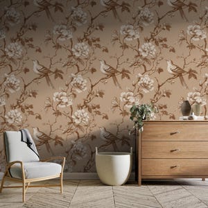 Carta da parati floreale e con uccelli – Elegante murale beige con peonie e uccelli per l'arredamento della casa – Carta da parati rimovibile – Carta da parati staccabile e adesiva