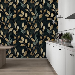 Carta da parati di lusso in foglia d'oro - Elegante design botanico su sfondo scuro, moderna decorazione da parete glamour, stile art déco - Carta da parati rimovibile