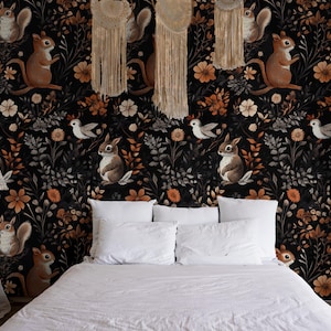Whimsical Forest Animals and Flowers Wallpaper | Vintage Floral Wall Mural with Rabbits & Birds - Removable Wallpaper