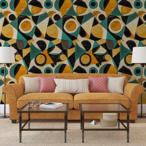 Carta da parati geometrica astratta - Design moderno e audace, decorazione murale in giallo vibrante, nero e verde acqua - Carta da parati rimovibile